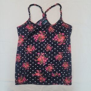 Weavers Black White Polkadot Pink Floral Bungee Tank Camisole Racer Back, Med